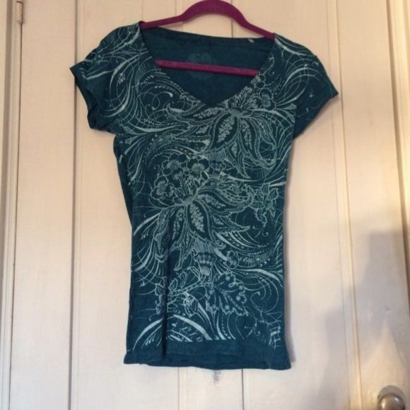 Stranded V Neck Shirt M Turquoise Teal Blue White Paisley Watercolor Cotton - Picture 5 of 5